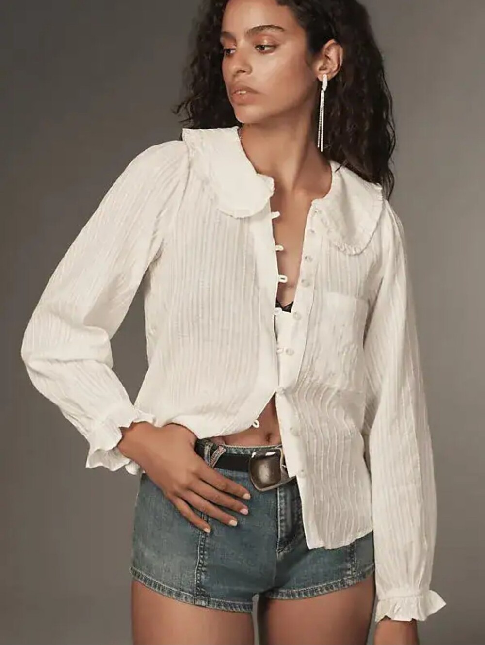 Anthropologie Pilcro Keira Peter Pan Collar Blouse White Long Sleeve Size Large